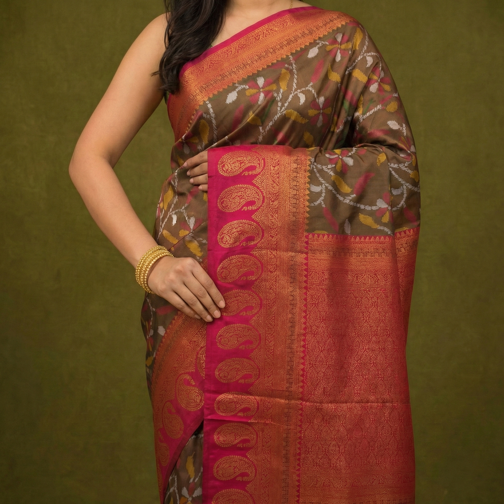 Olive Brown & Pink Ikkat Woven Soft Silk Saree