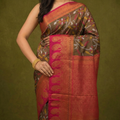 Olive Brown & Pink Ikkat Woven Soft Silk Saree