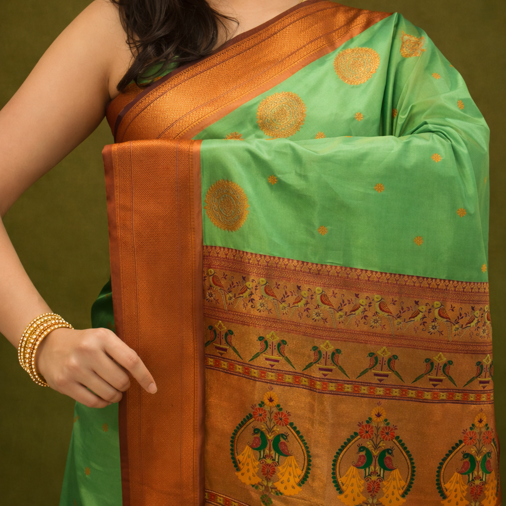 Parrot Green & Copper Paithani Soft Silk Saree
