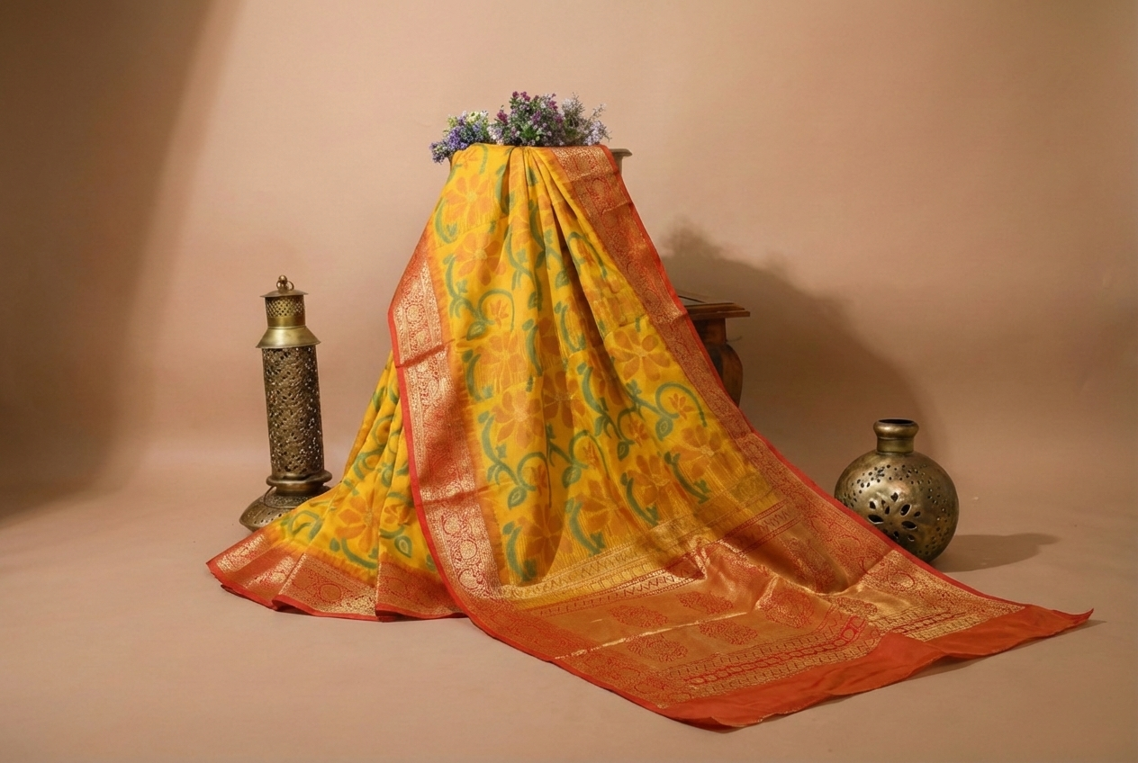 PI 11 Sunshine Yellow & Red Zari Floral Silk Saree