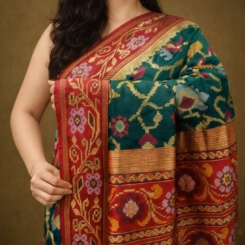 Emerald Green & Red Border Pochampally Ikat Soft Silk Saree