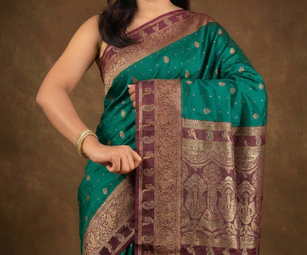 Royal Emerald Resham Silk Saree with Antique Zari Border