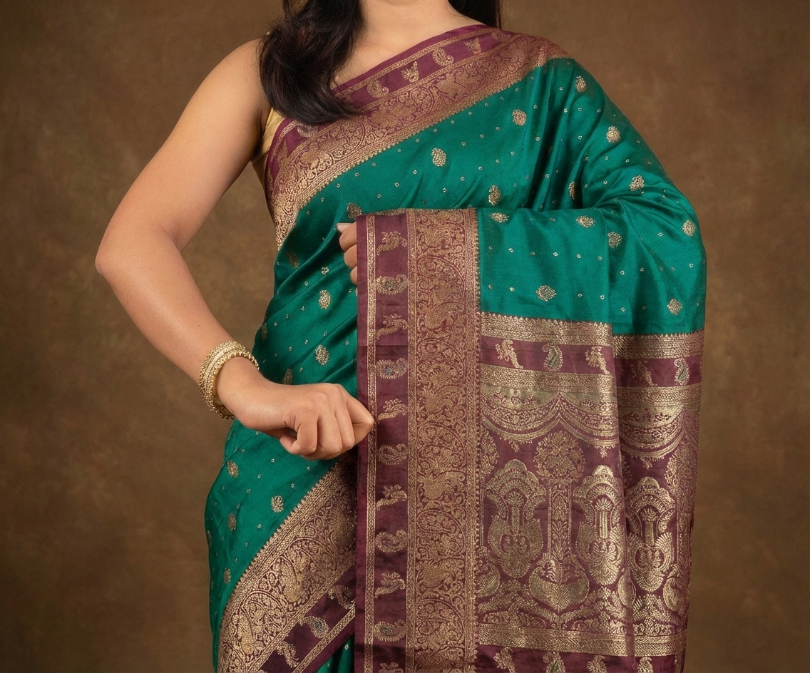 Royal Emerald Resham Silk Saree with Antique Zari Border