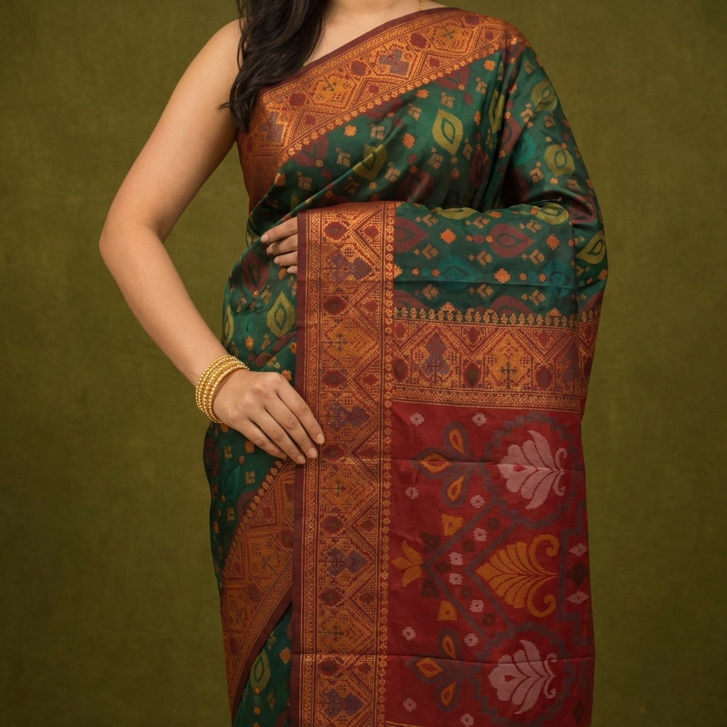 Deep Bottle Green & Maroon Pochampally Ikkat Silk Saree