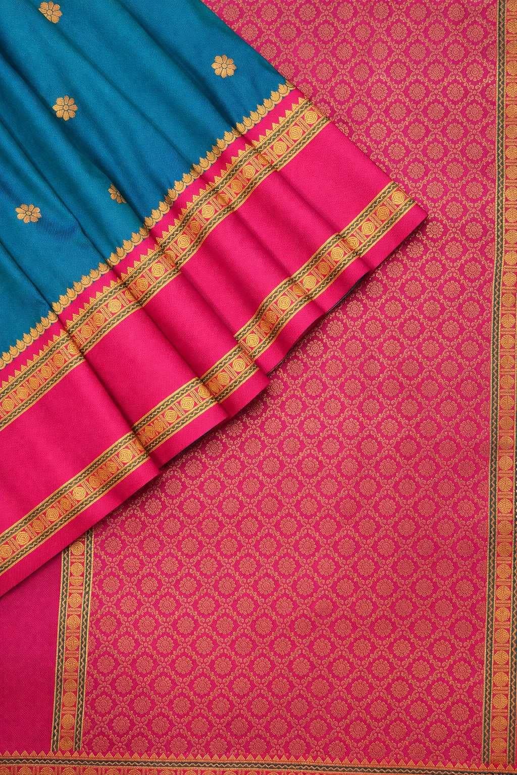 Teal Blue & Pink Narayan Peth Soft Silk Saree