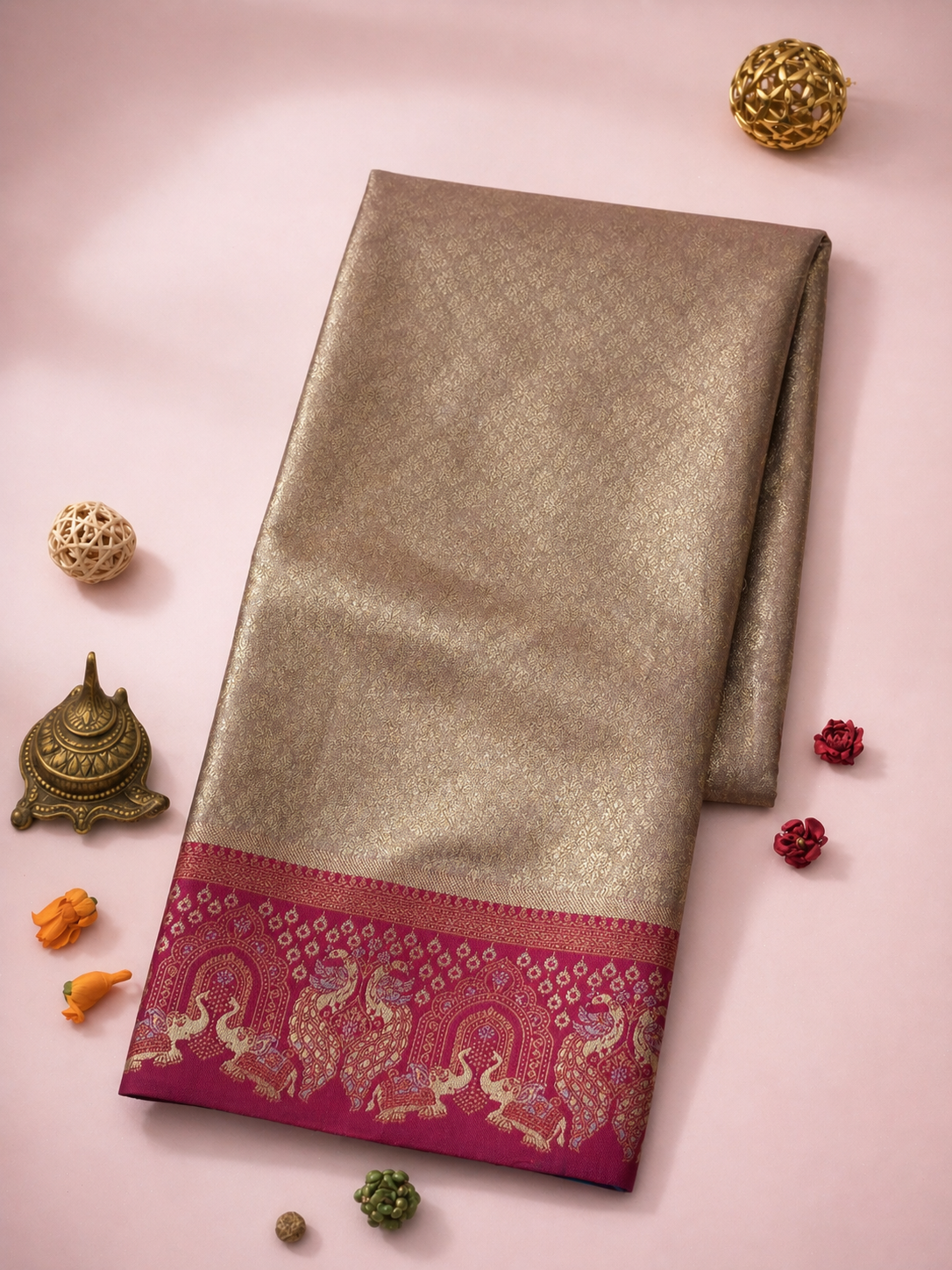 Antique Gold Soft Silk Kanjivaram Saree with Crimson Elephant & Peacock Border