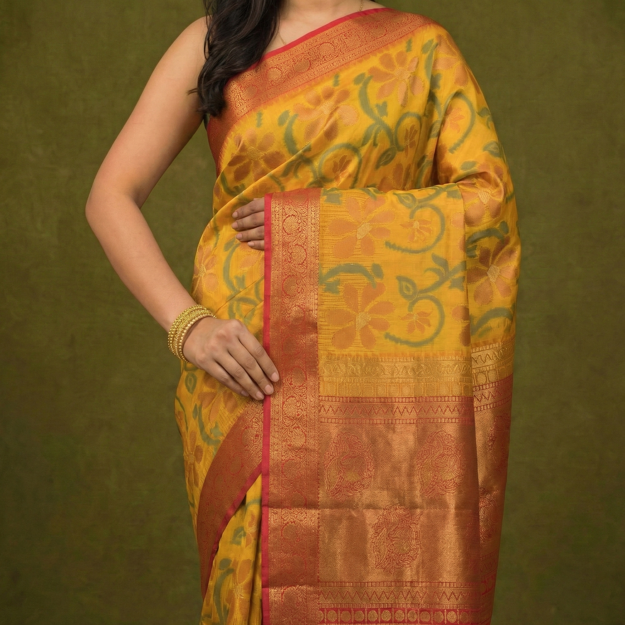 PI 11 Sunshine Yellow & Red Zari Floral Silk Saree