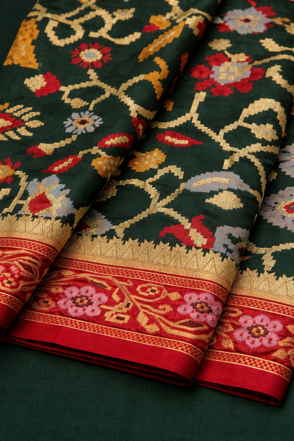 Emerald Green & Red Border Pochampally Ikat Soft Silk Saree