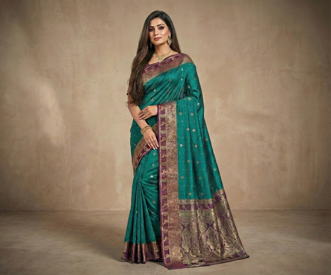 Royal Emerald Resham Silk Saree with Antique Zari Border