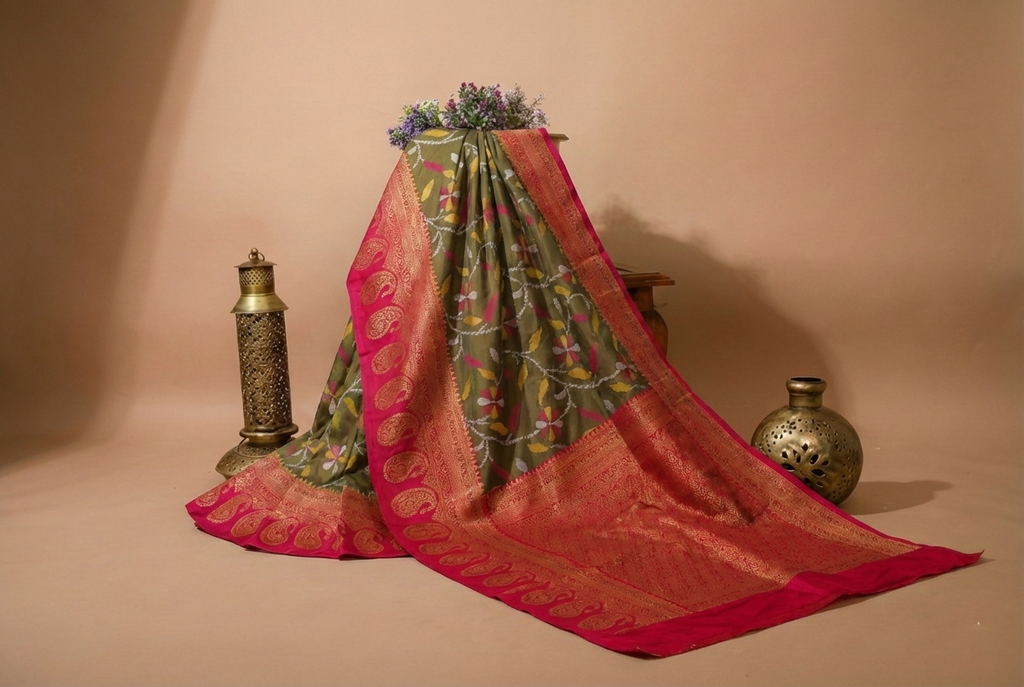 Olive Brown & Pink Ikkat Woven Soft Silk Saree