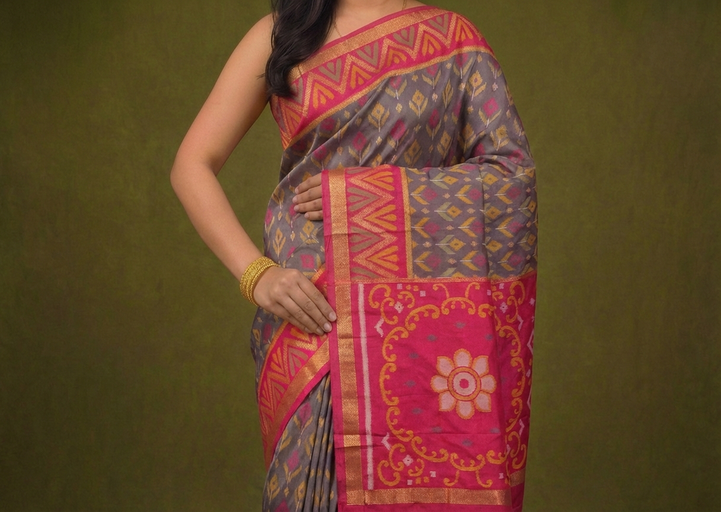 PIK-001 – Chocolate Brown & Red Pochampally Ikkat Silk Saree