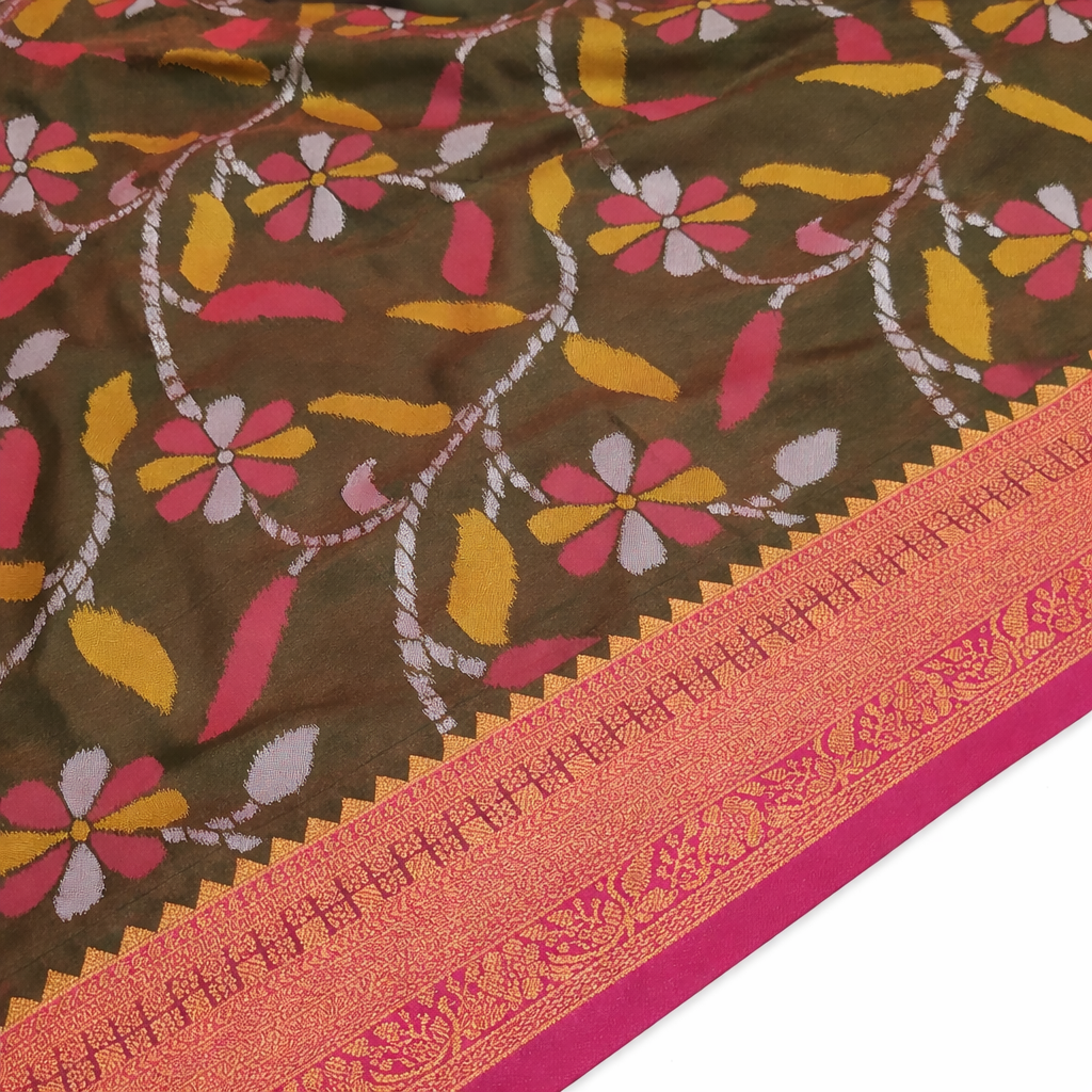 Olive Brown & Pink Ikkat Woven Soft Silk Saree