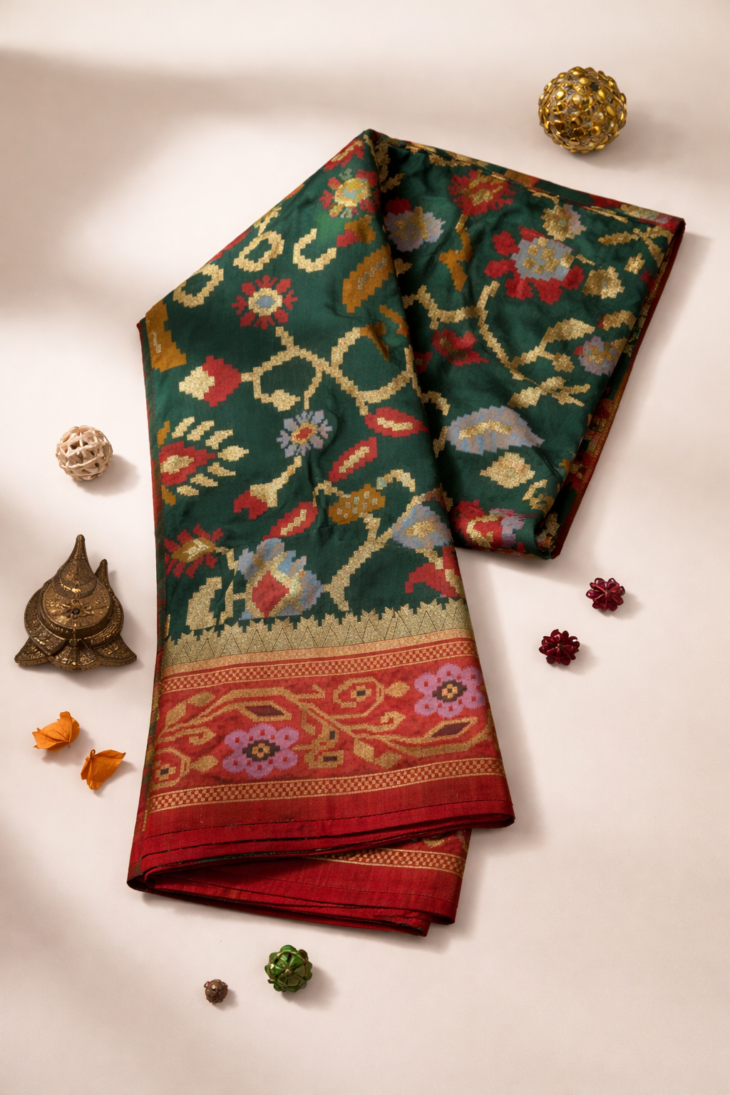 Emerald Green & Red Border Pochampally Ikat Soft Silk Saree