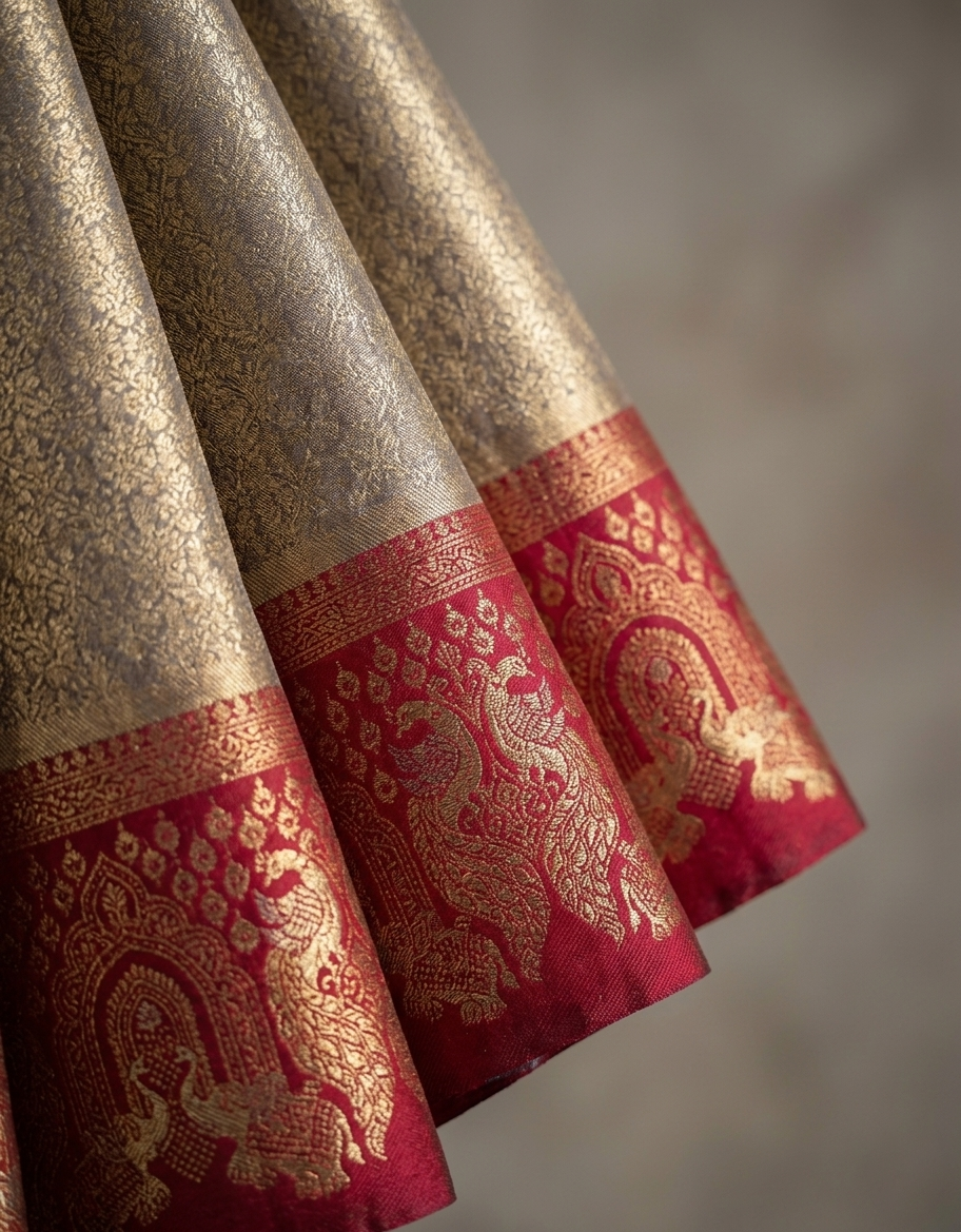 Antique Gold Soft Silk Kanjivaram Saree with Crimson Elephant & Peacock Border