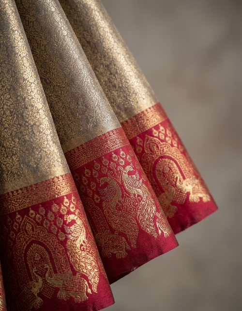 Antique Gold Soft Silk Kanjivaram Saree with Crimson Elephant & Peacock Border