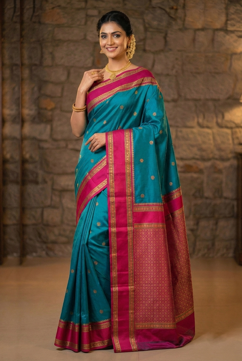 Teal Blue & Pink Narayan Peth Soft Silk Saree