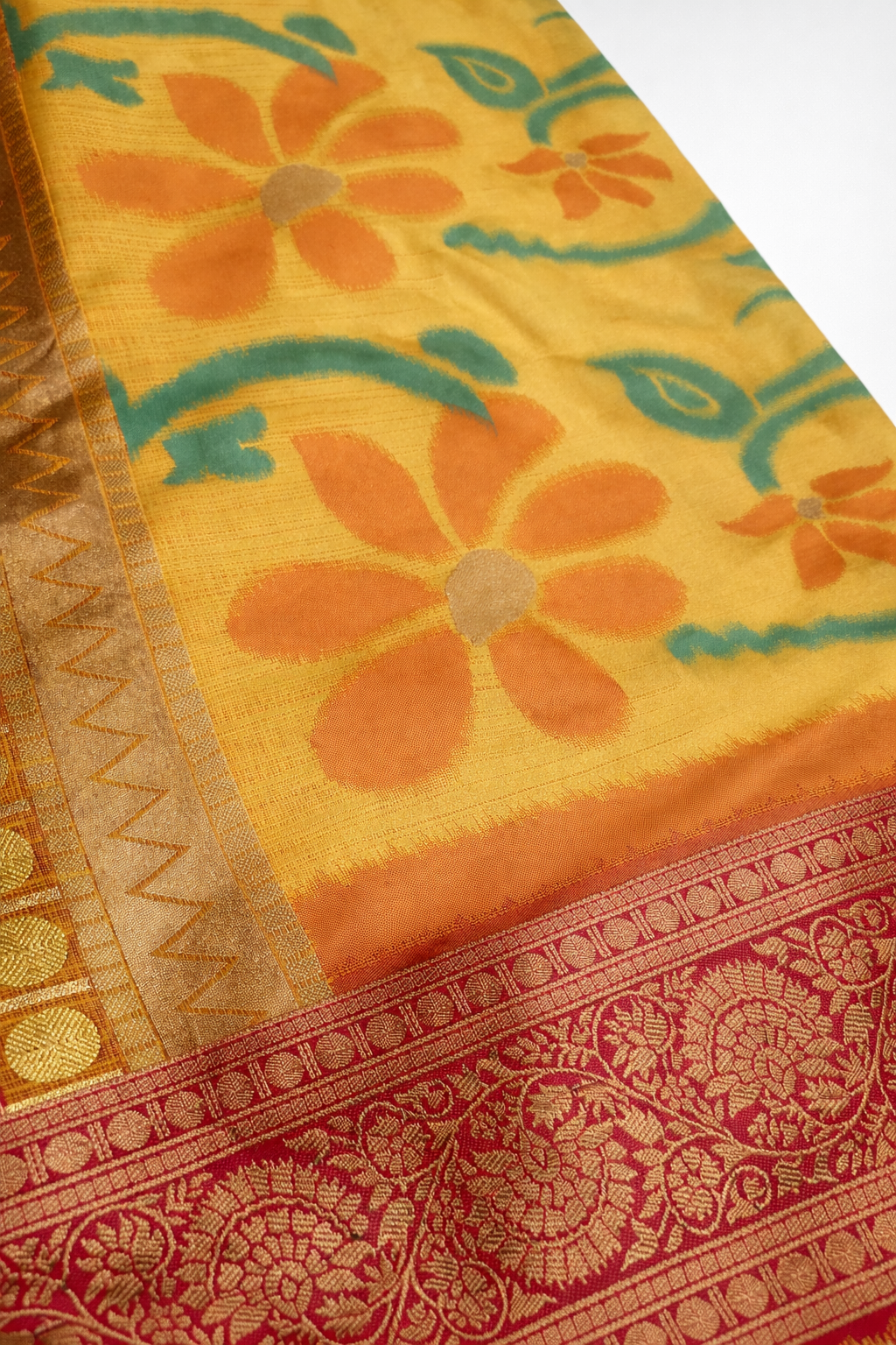 PI 11 Sunshine Yellow & Red Zari Floral Silk Saree