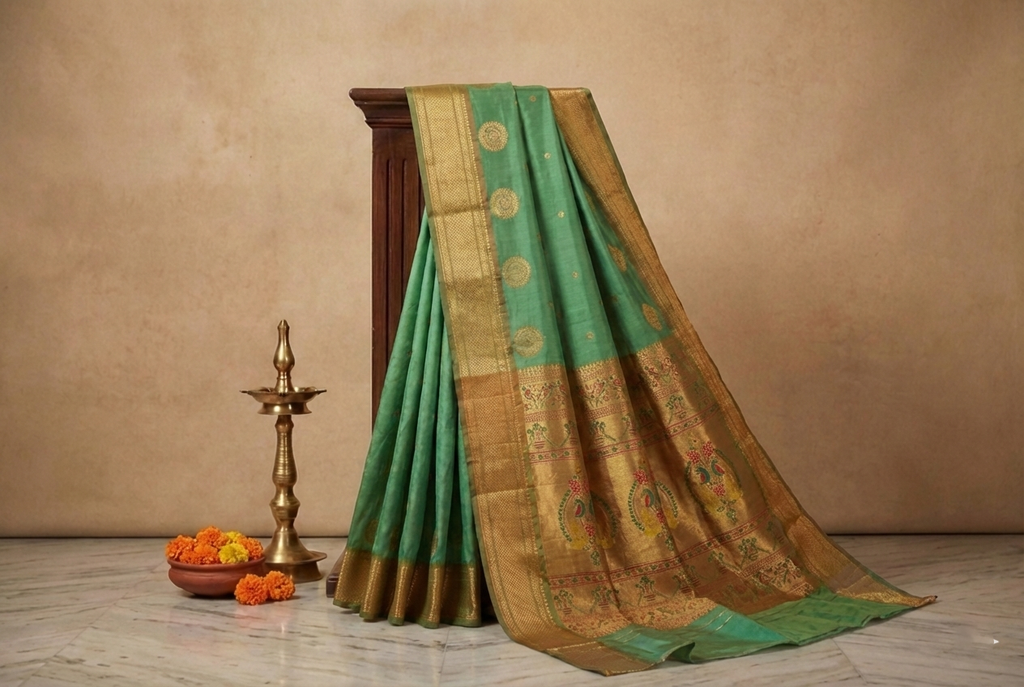 Parrot Green & Copper Paithani Soft Silk Saree
