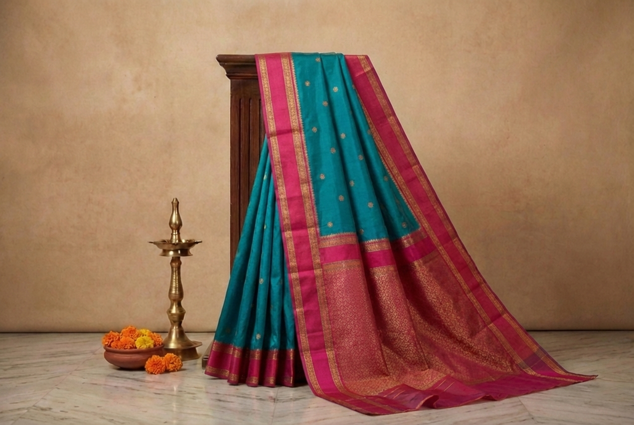 Teal Blue & Pink Narayan Peth Soft Silk Saree