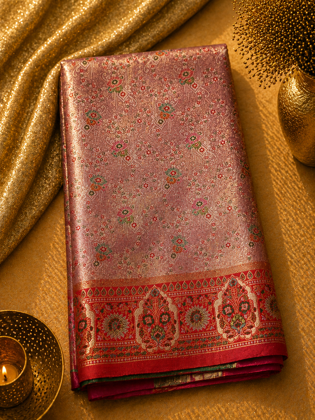 Mauve Rose Soft Silk Kanjivaram Saree with Crimson Meenakari Medallion Border