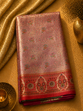 Mauve Rose Soft Silk Kanjivaram Saree with Crimson Meenakari Medallion Border