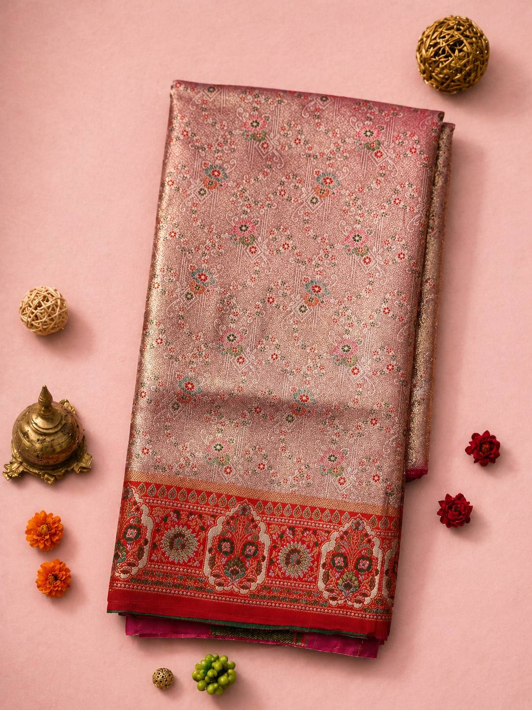 Mauve Rose Soft Silk Kanjivaram Saree with Crimson Meenakari Medallion Border