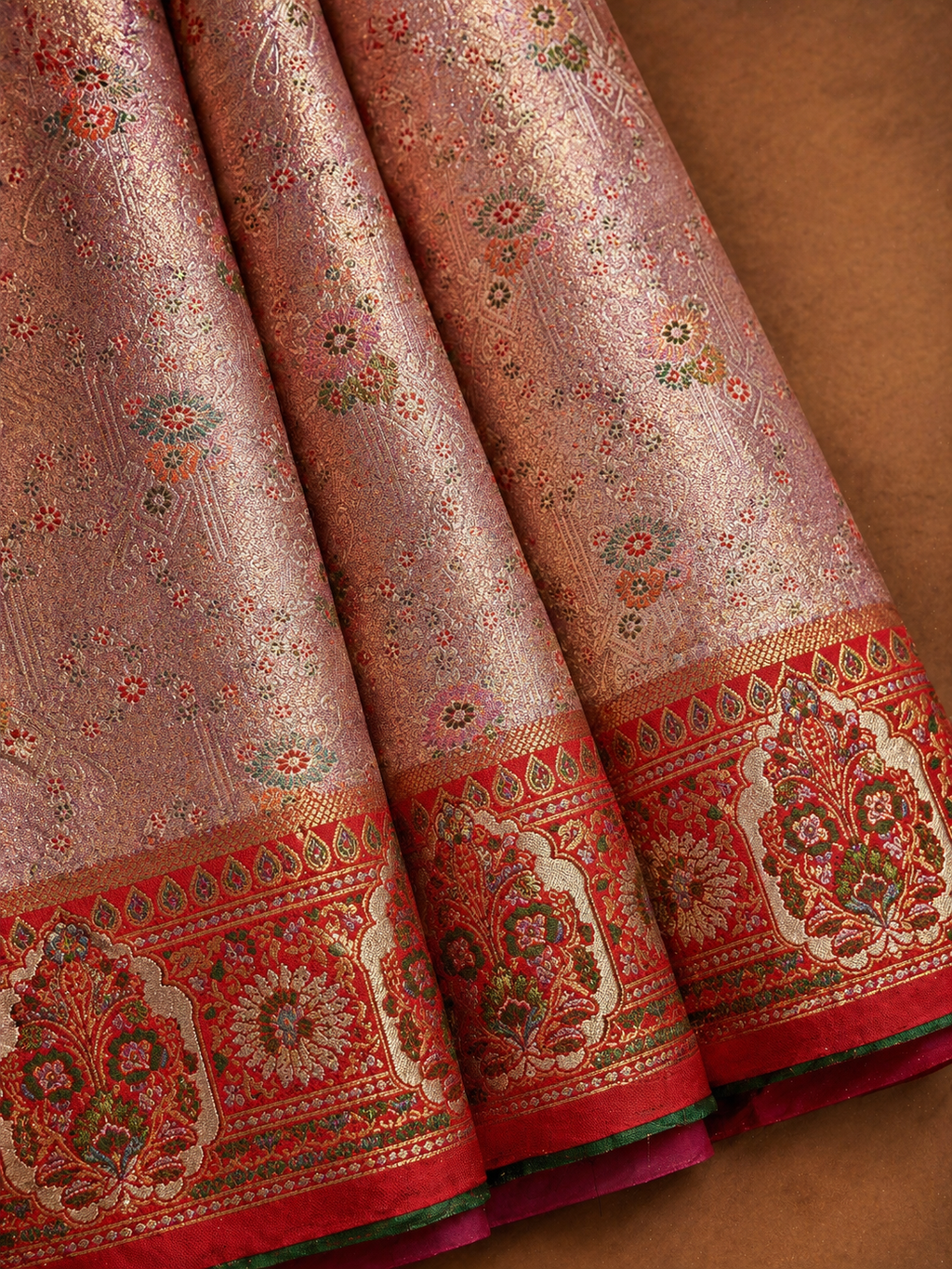 Mauve Rose Soft Silk Kanjivaram Saree with Crimson Meenakari Medallion Border