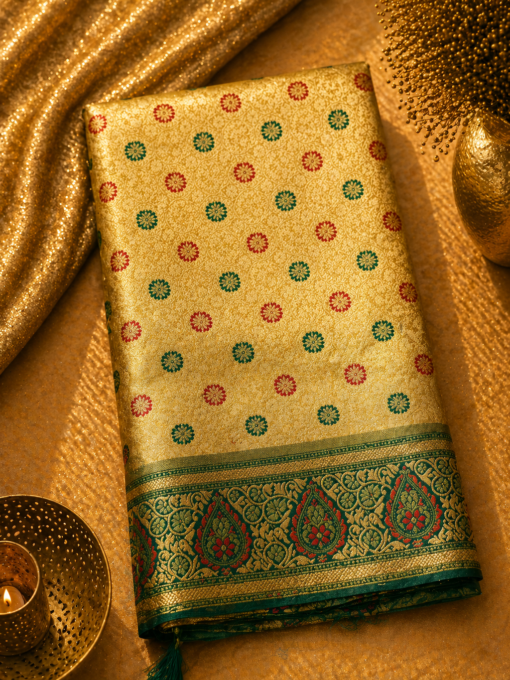 Golden Yellow Soft Silk Kanjivaram Saree with Meenakari Floral Butti and Teal Paisley Border