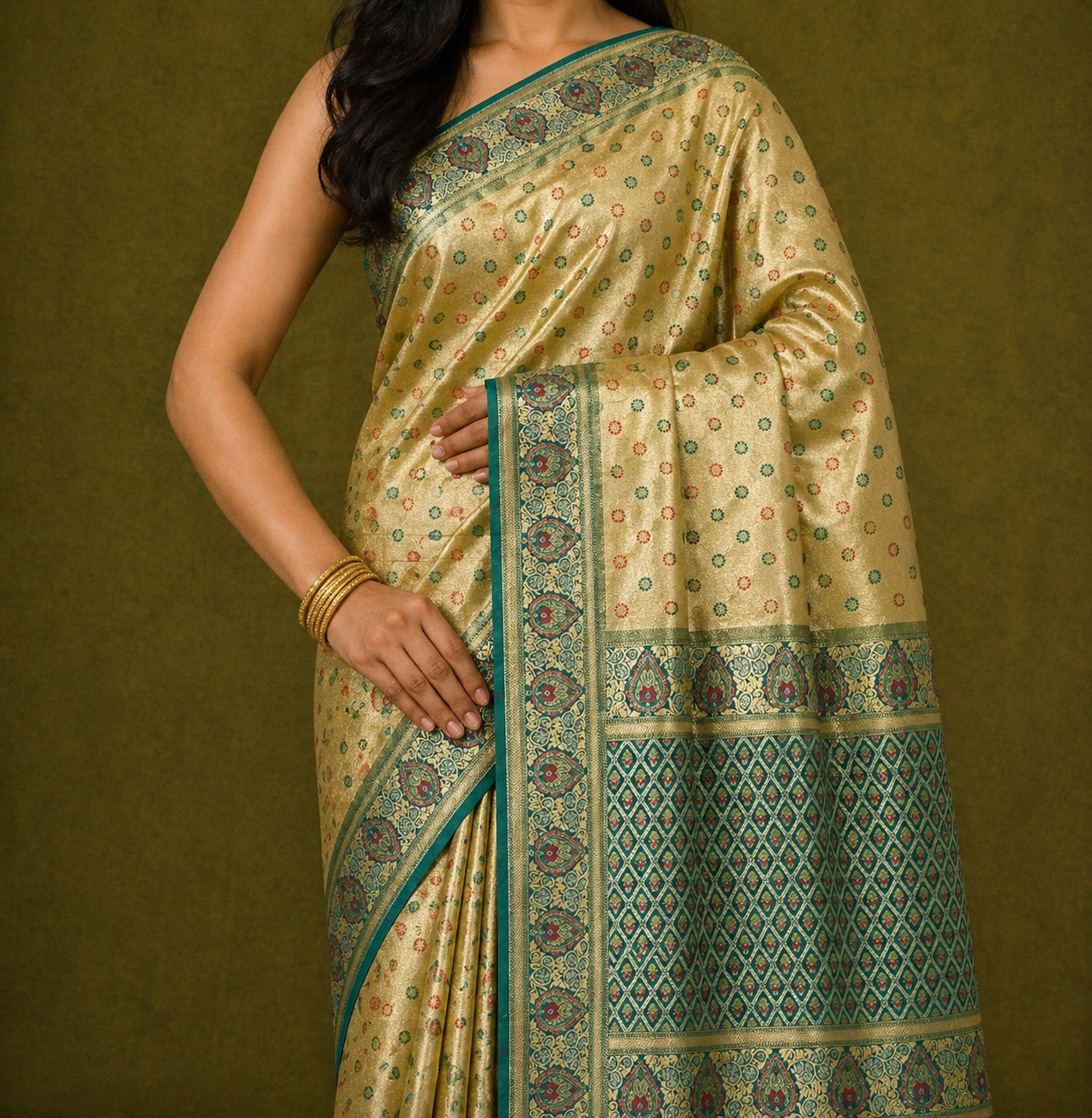 Golden Yellow Soft Silk Kanjivaram Saree with Meenakari Floral Butti and Teal Paisley Border