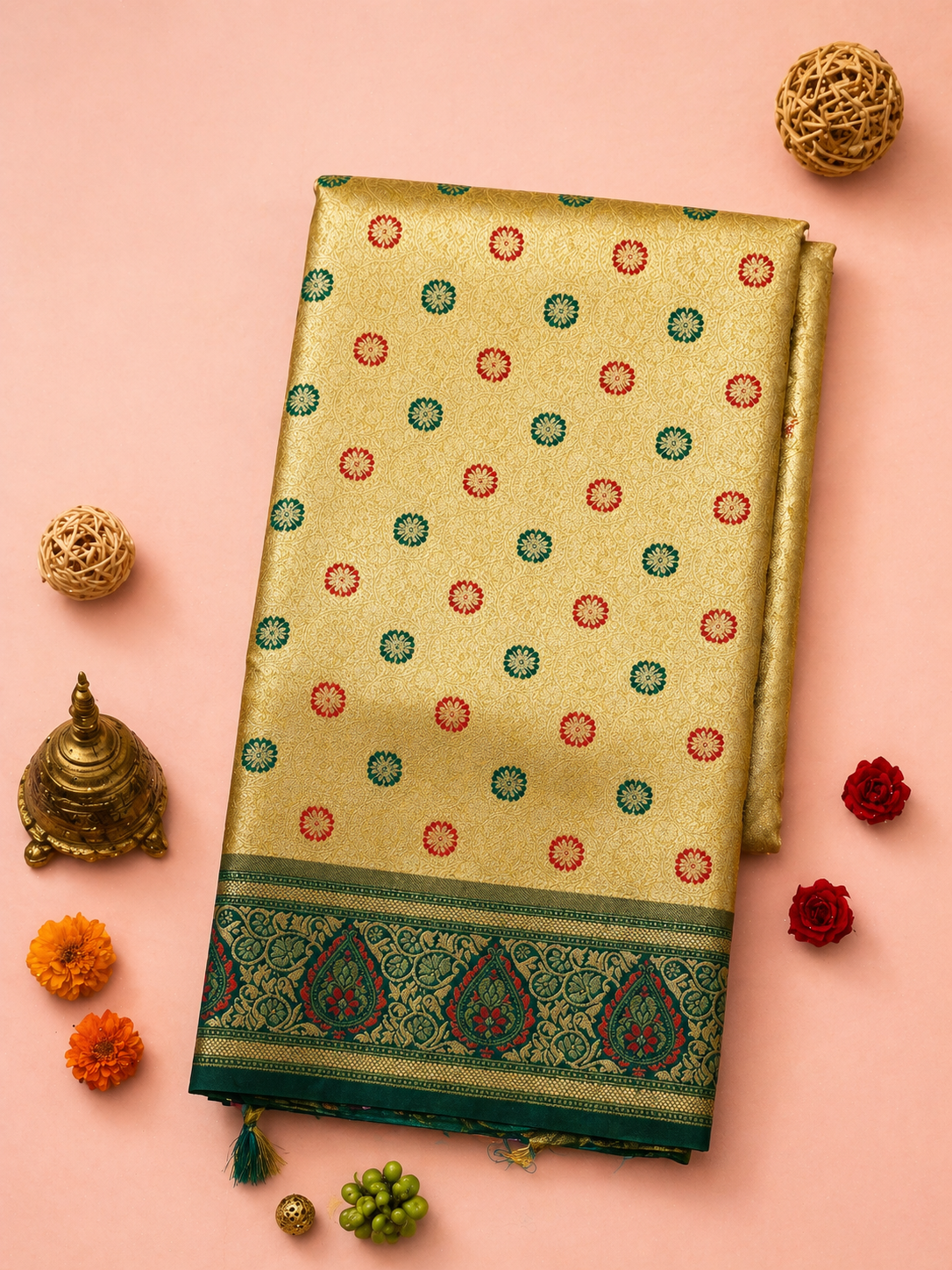 Golden Yellow Soft Silk Kanjivaram Saree with Meenakari Floral Butti and Teal Paisley Border