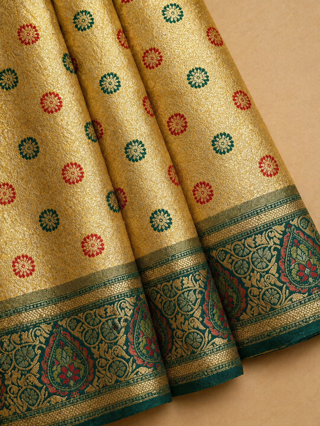Golden Yellow Soft Silk Kanjivaram Saree with Meenakari Floral Butti and Teal Paisley Border