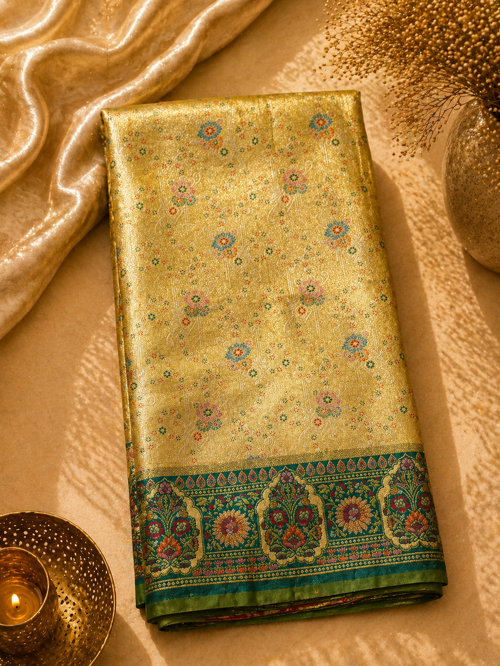 Golden Tissue Soft Silk Kanjivaram Saree with Multicolour Meenakari Butti and Teal Medallion Border