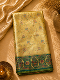 Golden Tissue Soft Silk Kanjivaram Saree with Multicolour Meenakari Butti and Teal Medallion Border