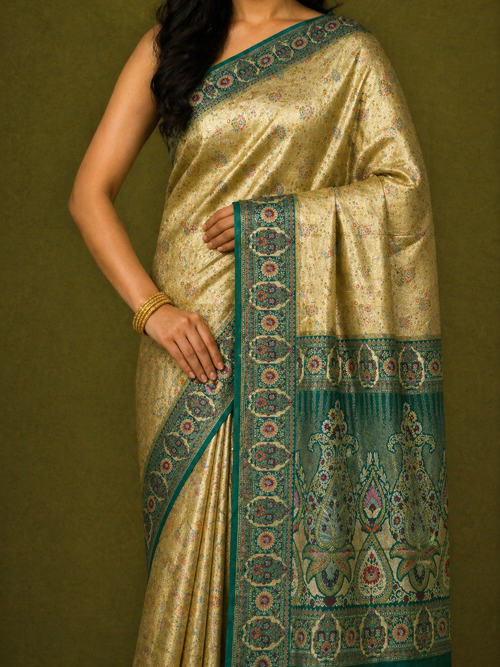 Golden Tissue Soft Silk Kanjivaram Saree with Multicolour Meenakari Butti and Teal Medallion Border