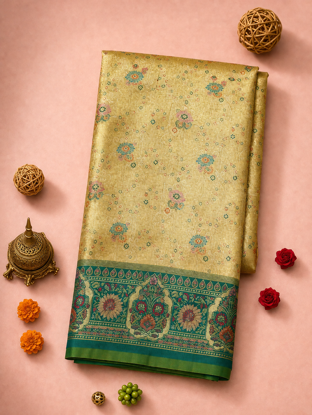 Golden Tissue Soft Silk Kanjivaram Saree with Multicolour Meenakari Butti and Teal Medallion Border