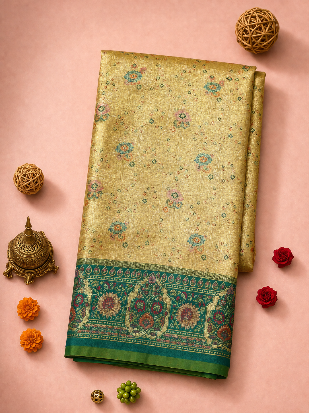 Golden Tissue Soft Silk Kanjivaram Saree with Multicolour Meenakari Butti and Teal Medallion Border