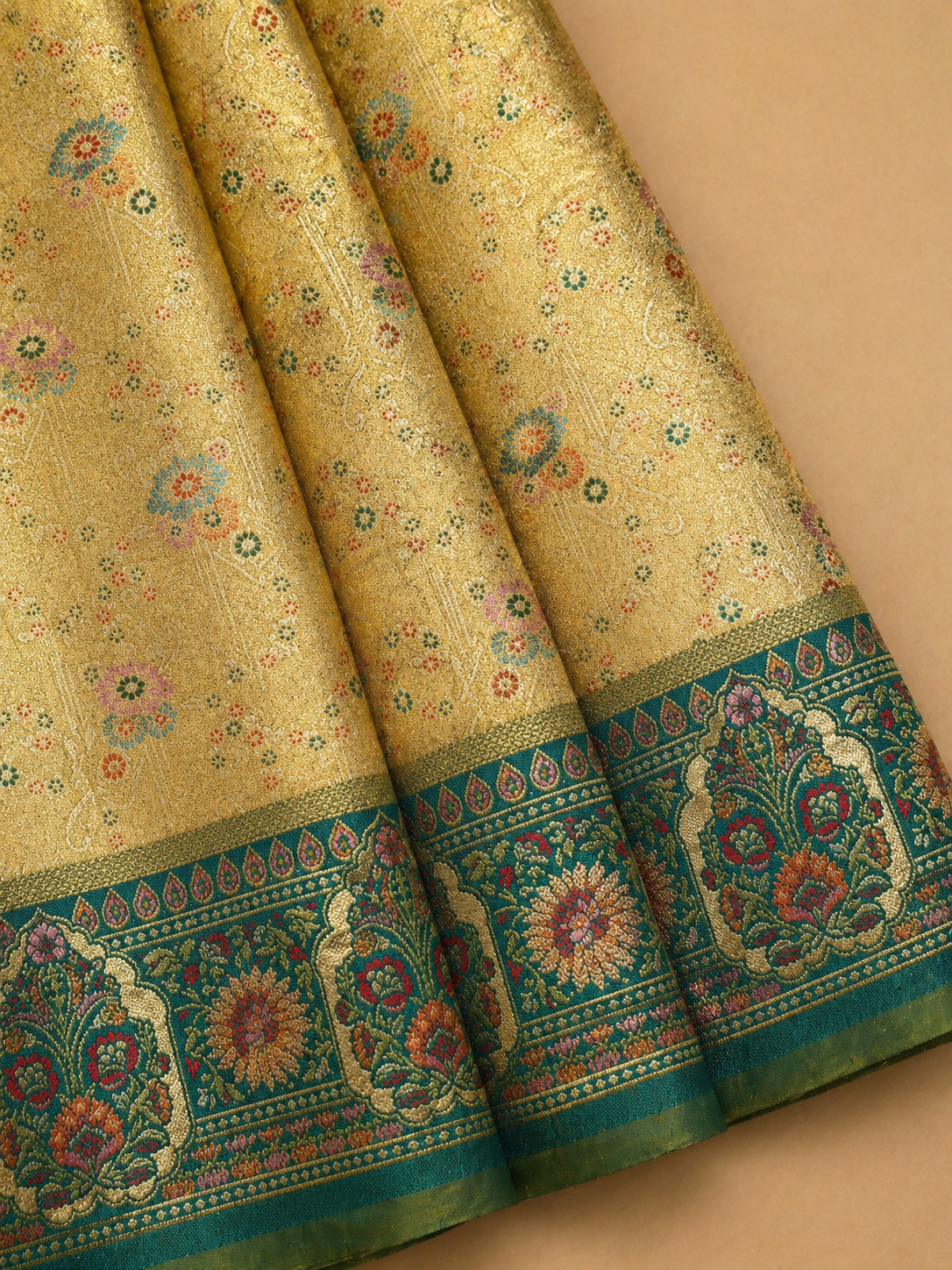Golden Tissue Soft Silk Kanjivaram Saree with Multicolour Meenakari Butti and Teal Medallion Border