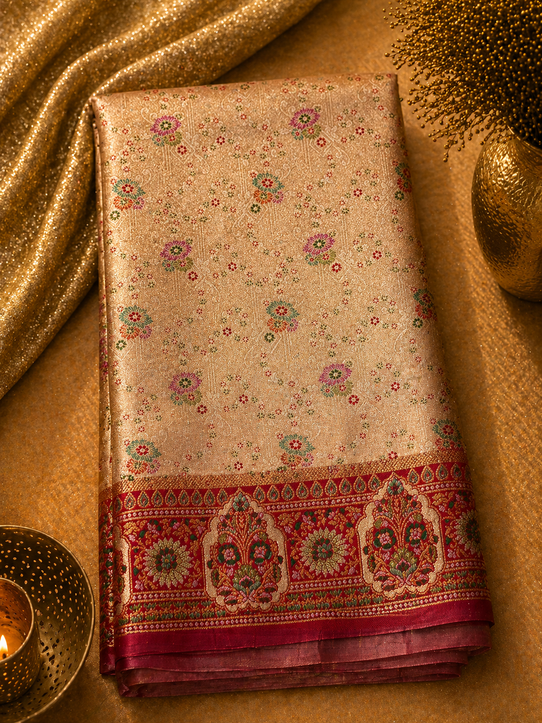Antique Champagne Soft Silk Kanjivaram Saree with Crimson Multicolour Meenakari Medallion Border