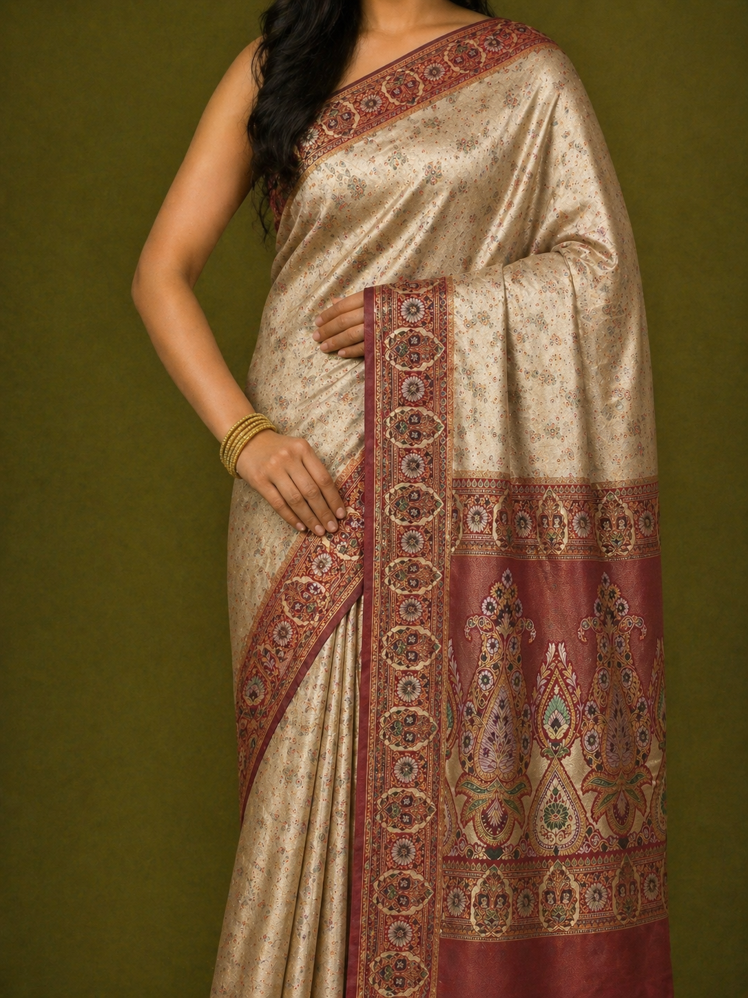 Antique Champagne Soft Silk Kanjivaram Saree with Crimson Multicolour Meenakari Medallion Border