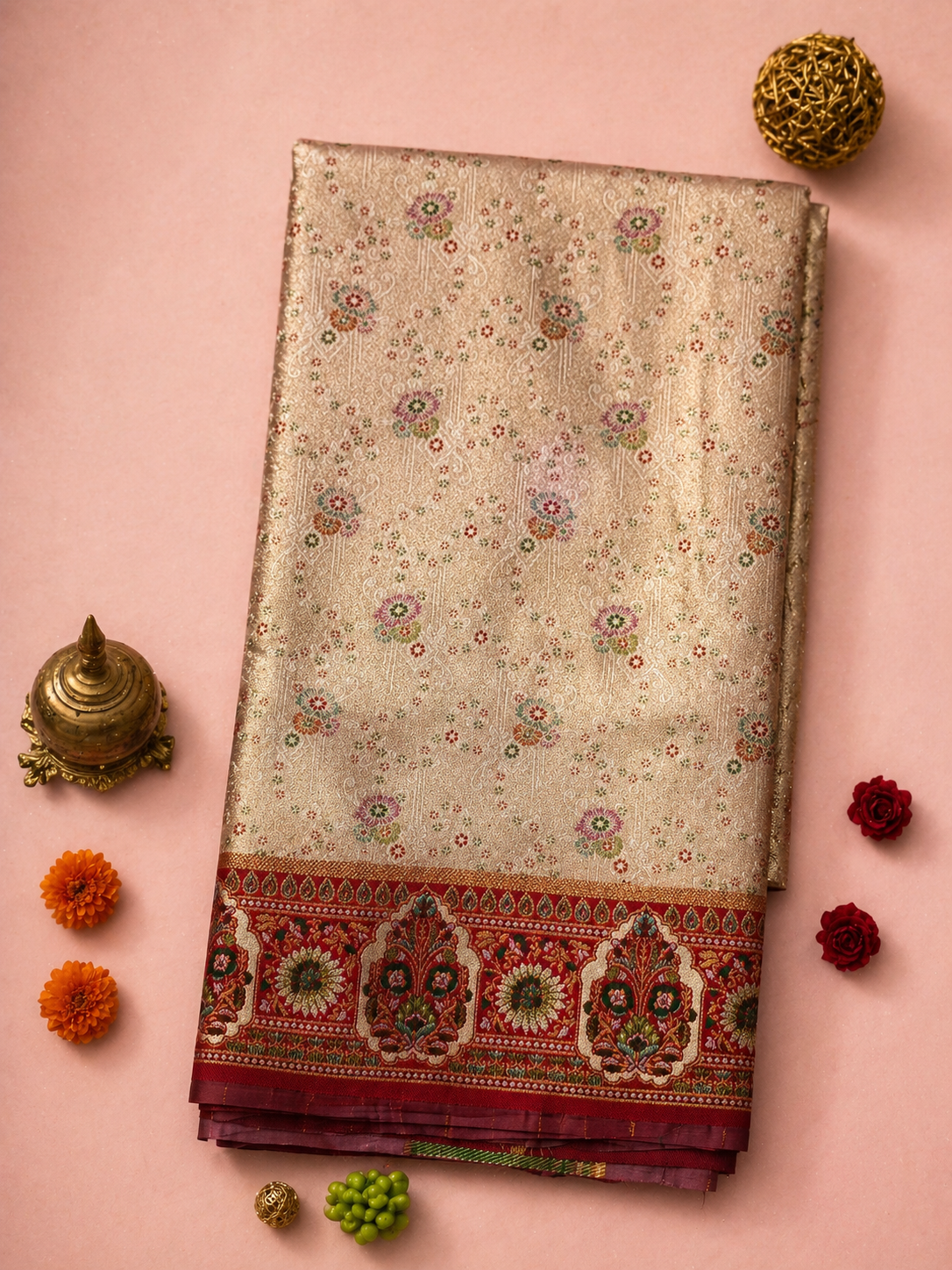 Antique Champagne Soft Silk Kanjivaram Saree with Crimson Multicolour Meenakari Medallion Border