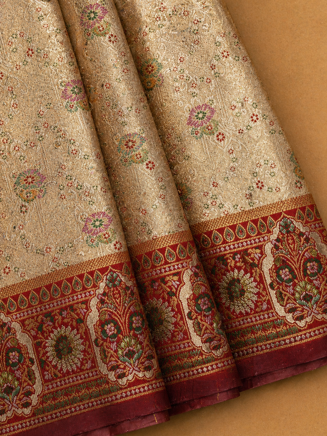 Antique Champagne Soft Silk Kanjivaram Saree with Crimson Multicolour Meenakari Medallion Border