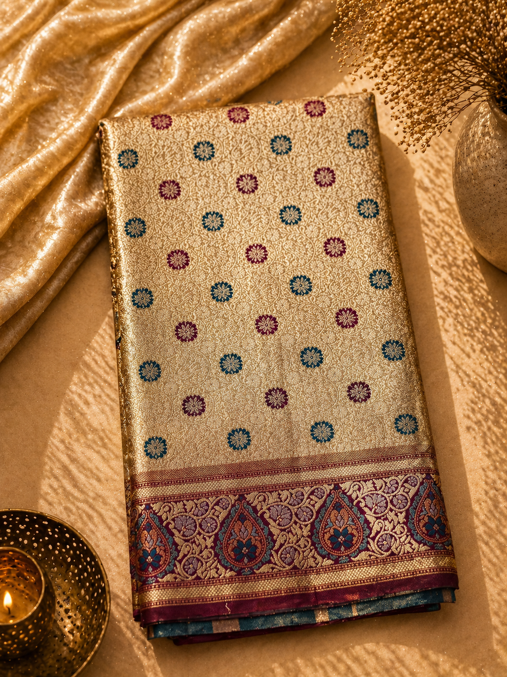 Cream Gold Soft Silk Kanjivaram Saree with Meenakari Floral Butti and Wine Paisley Border