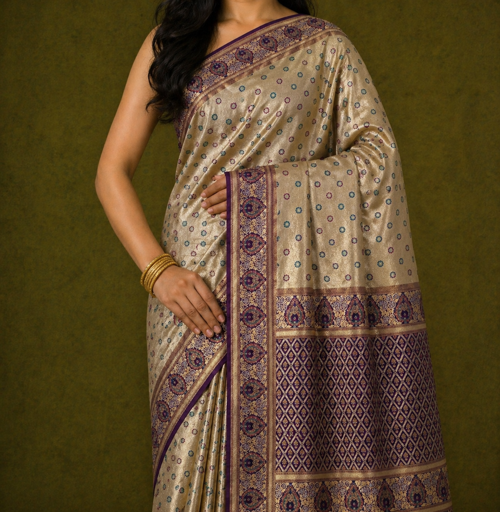 Cream Gold Soft Silk Kanjivaram Saree with Meenakari Floral Butti and Wine Paisley Border