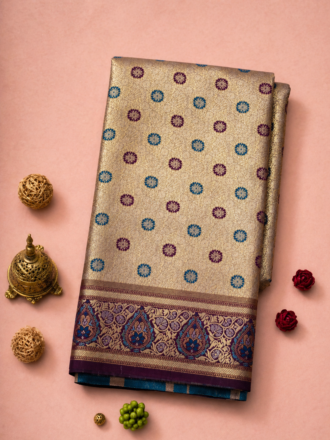 Cream Gold Soft Silk Kanjivaram Saree with Meenakari Floral Butti and Wine Paisley Border