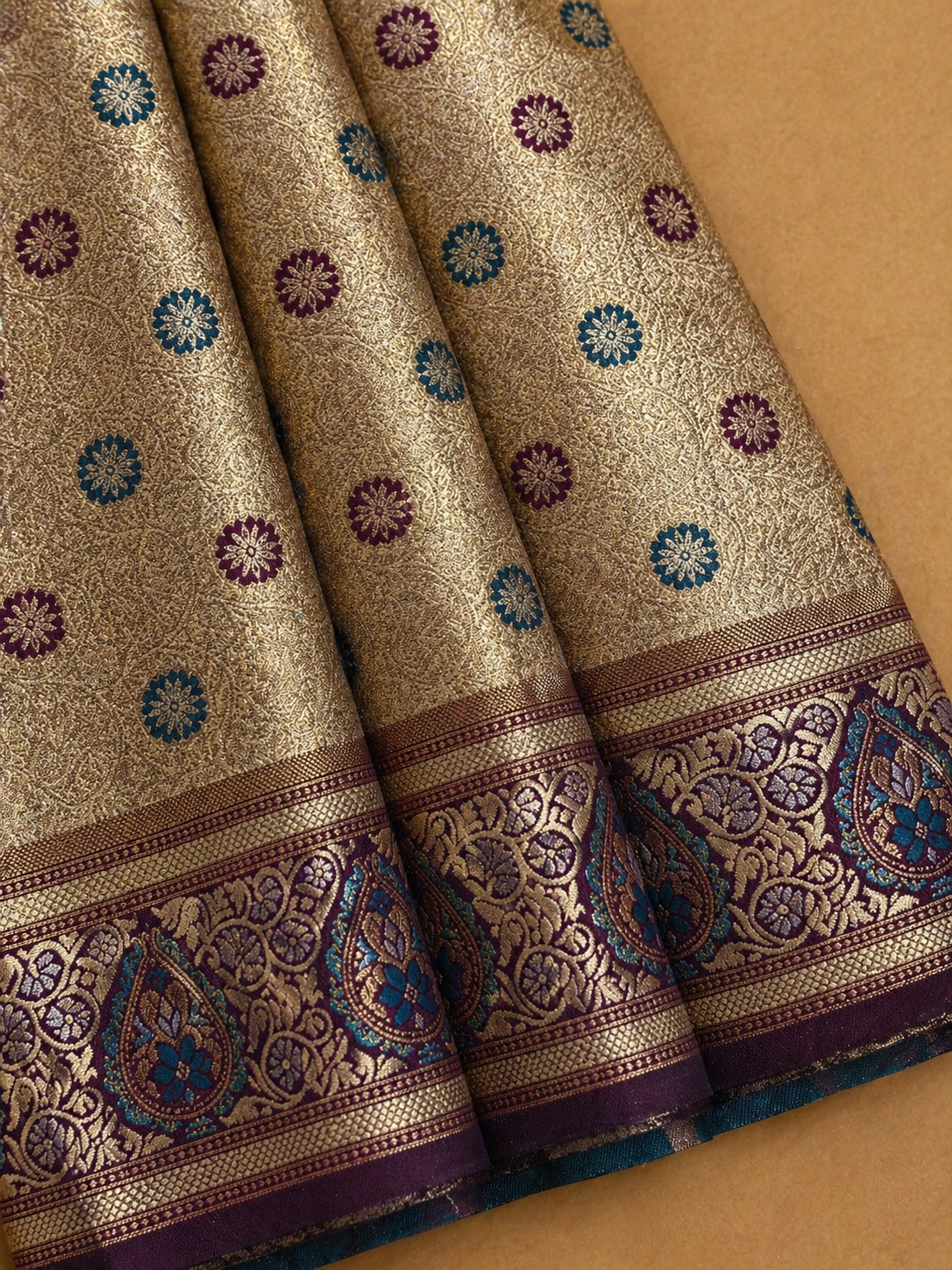 Cream Gold Soft Silk Kanjivaram Saree with Meenakari Floral Butti and Wine Paisley Border