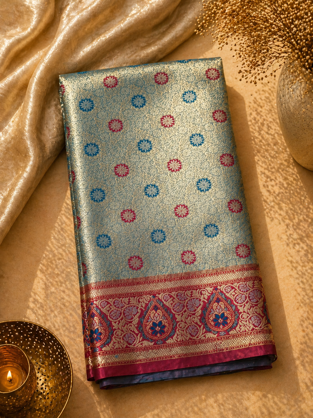 Silver Teal Soft Silk Kanjivaram Saree with Meenakari Floral Butti and Magenta Paisley Border