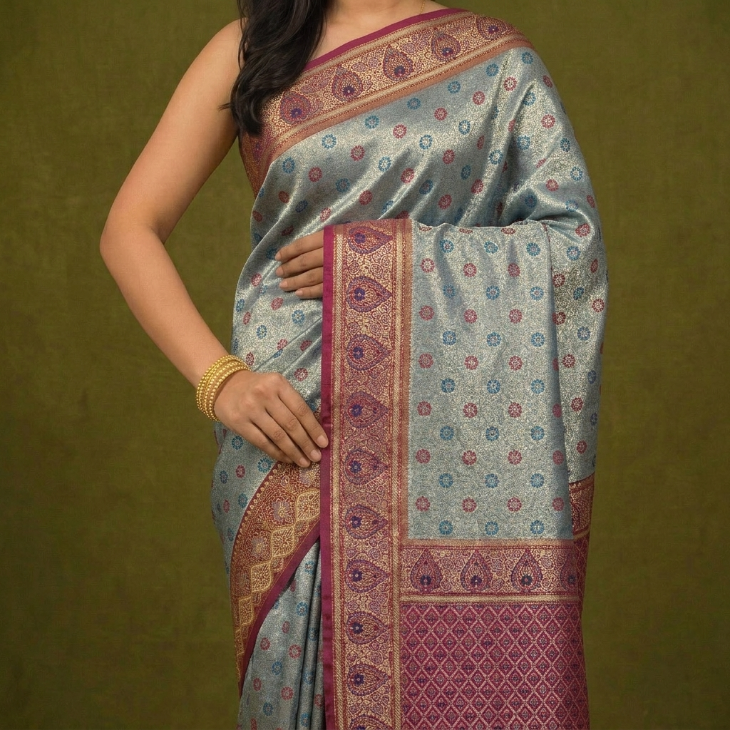 Silver Teal Soft Silk Kanjivaram Saree with Meenakari Floral Butti and Magenta Paisley Border