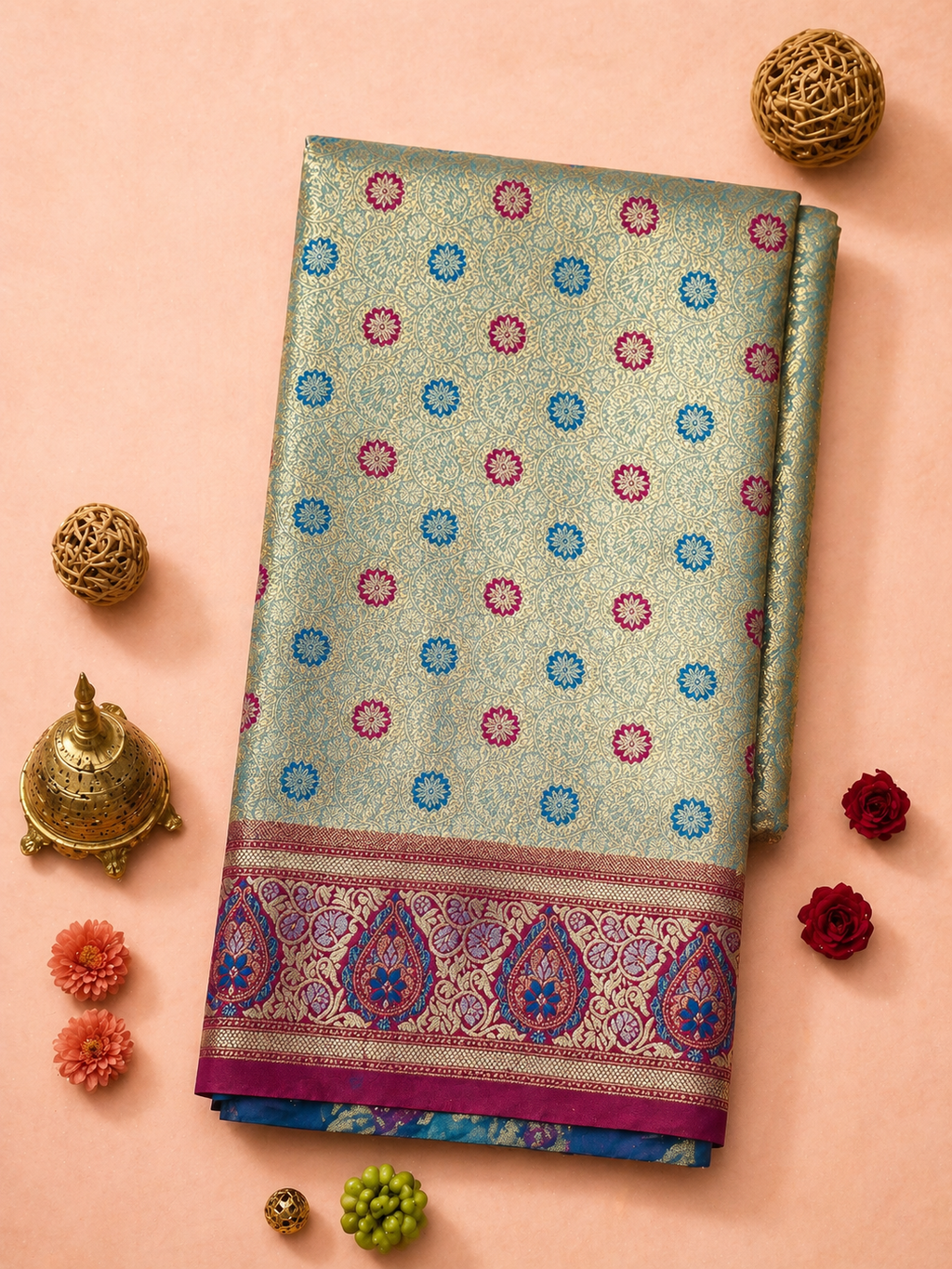 Silver Teal Soft Silk Kanjivaram Saree with Meenakari Floral Butti and Magenta Paisley Border