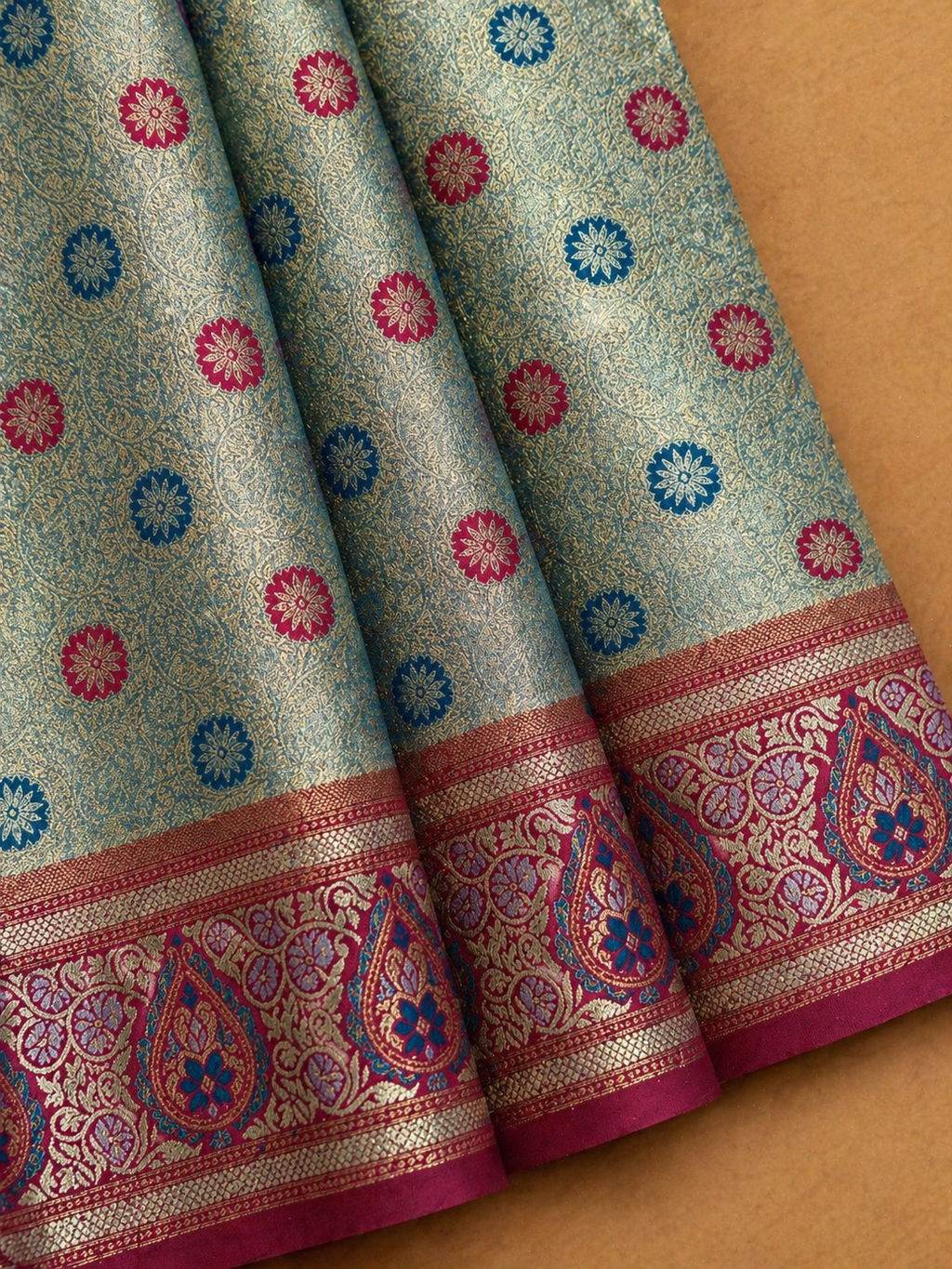 Silver Teal Soft Silk Kanjivaram Saree with Meenakari Floral Butti and Magenta Paisley Border