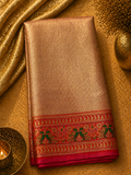Dusty Rose Soft Silk Kanjivaram Saree with Crimson Meenakari Peacock Border